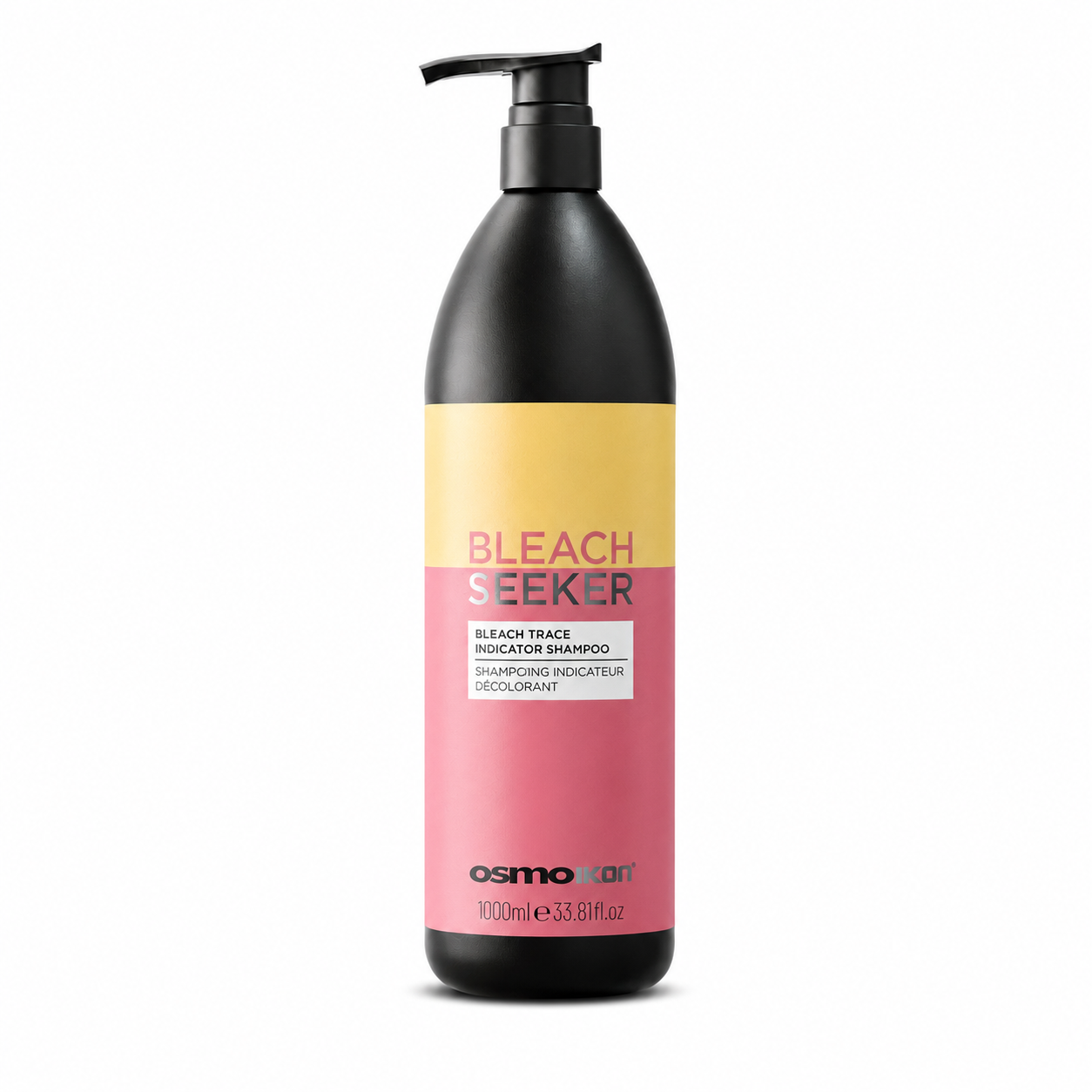 OSMO IKON Bleach Seeker Bleach Trace Indicator Shampoo 1000ml in a black pump bottle with a yellow and pink label, displayed on a clean white background. Professional colour-reactive shampoo that detects residual bleach after lightening to help ensure hair is fully cleansed before toning.