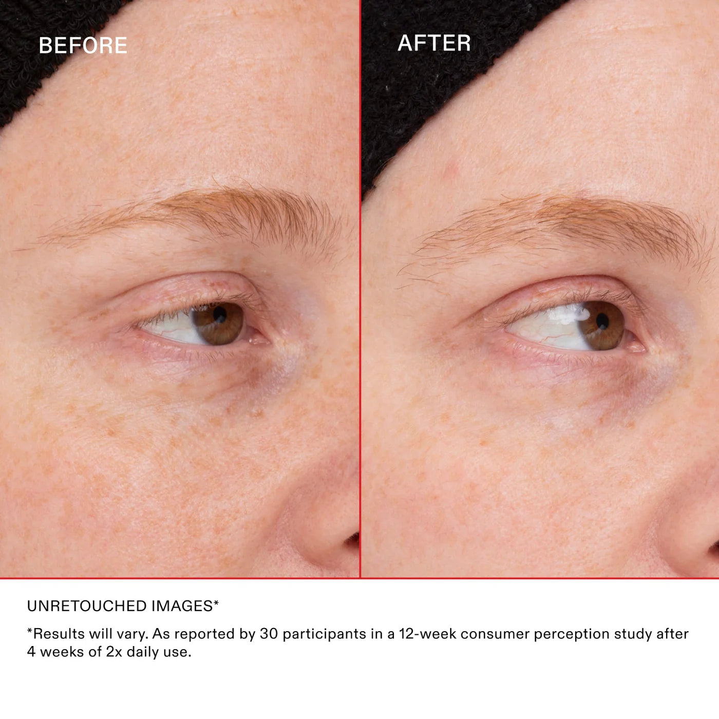 Before and after results showing visibly fuller, denser and more defined eyebrows after using Olaplex BrowBond Building Serum.