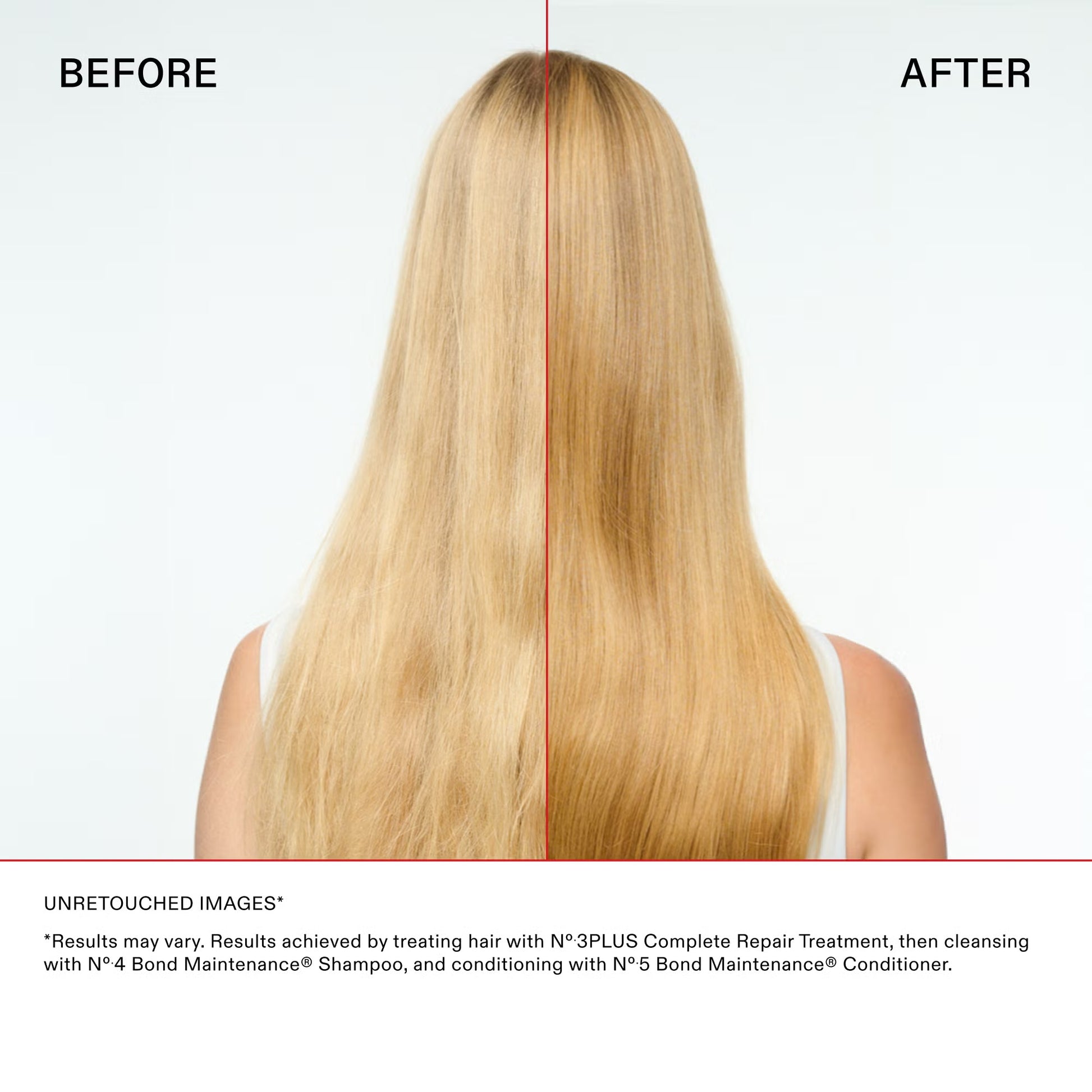 Olaplex No.3 Plus Complete Repair Treatment before and after using no.4 shampoo and no.5 conditioner on straight hair