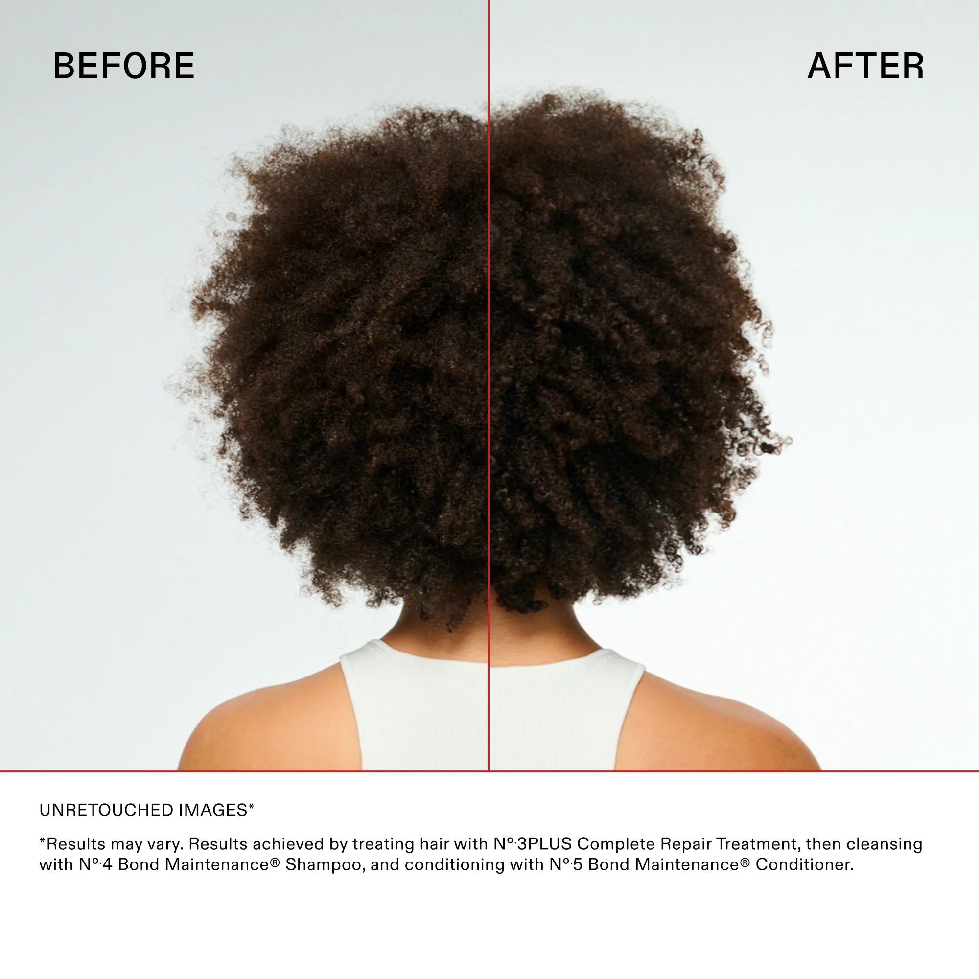 Olaplex No.3 Plus Complete Repair Treatment before and after using no.4 shampoo and no.5 conditioner on afro / curly hair