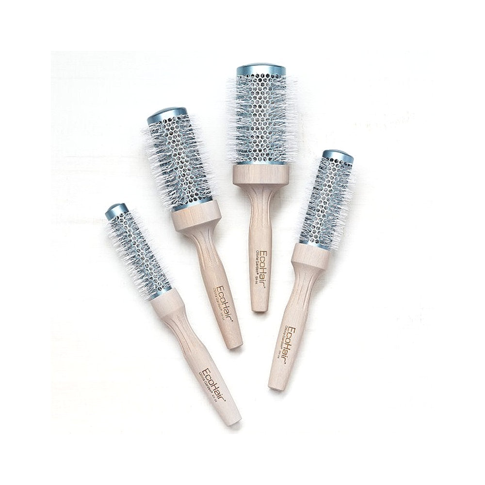 Olivia Garden EcoHair Professional Bamboo Thermal Brush collection featuring 34mm, 44mm and 54mm ceramic radial brushes with eco-friendly bamboo handles for professional styling.
