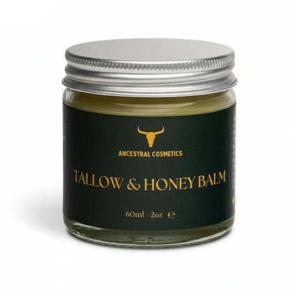 Jar of tallow and honey balm with &