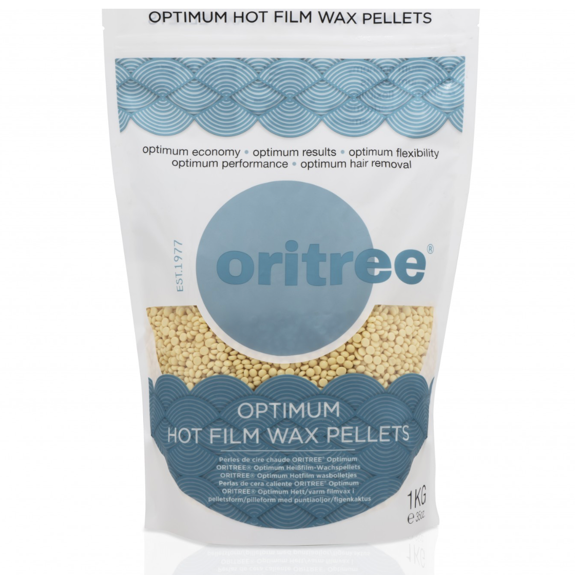 Oritree Optimum Hot Film Wax Pellets 1kg, professional stripless hard wax beads for efficient hair removal on face and body with smooth salon-quality results.
