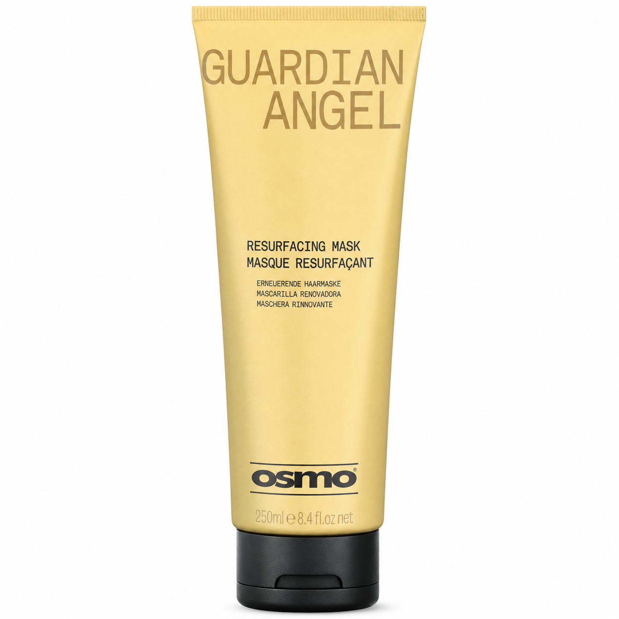 OSMO Guardian Angel Resurfacing Mask 250ml in a gold tube with black flip-top cap, a repairing hair treatment for dry, damaged and stressed hair.
