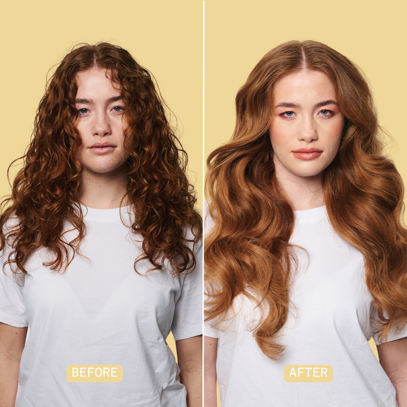 Before-and-after comparison showing dry, frizzy red curls transformed into smooth, glossy and defined waves after using OSMO Guardian Angel Resurfacing Mask.
