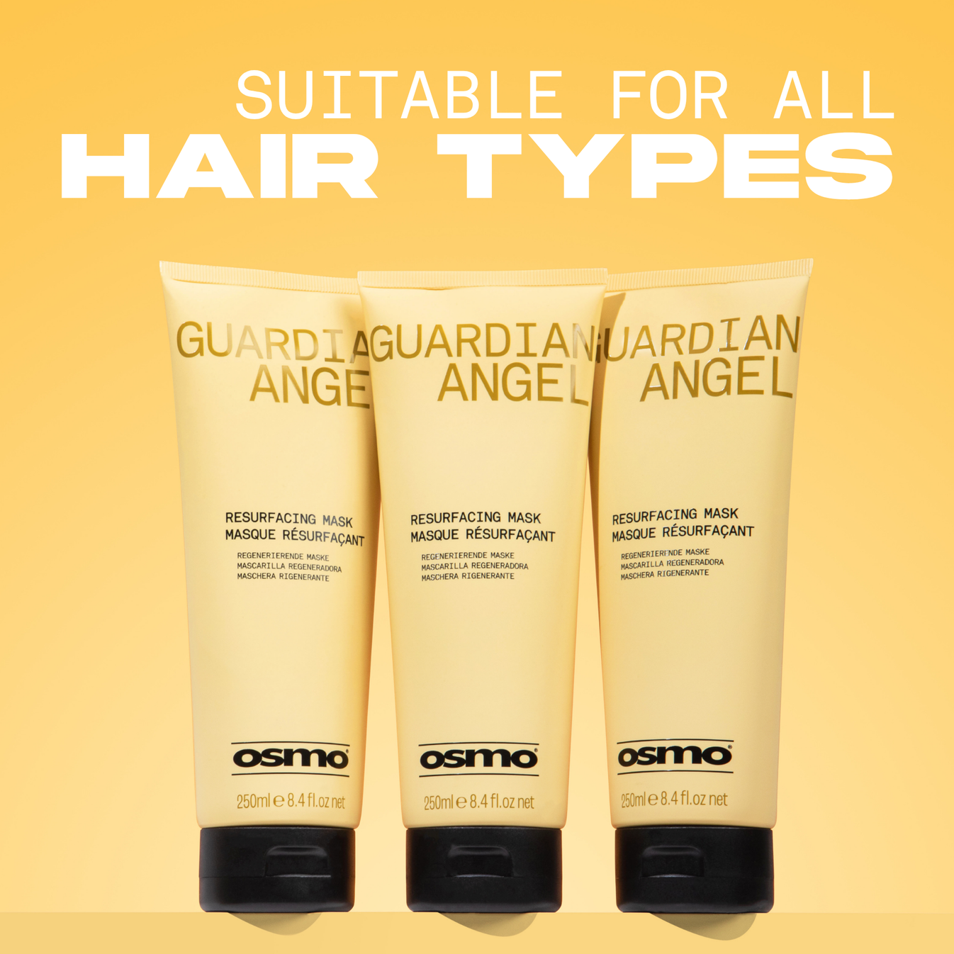 Three OSMO Guardian Angel Resurfacing Mask 250ml tubes, a smoothing and repairing treatment suitable for all hair types.