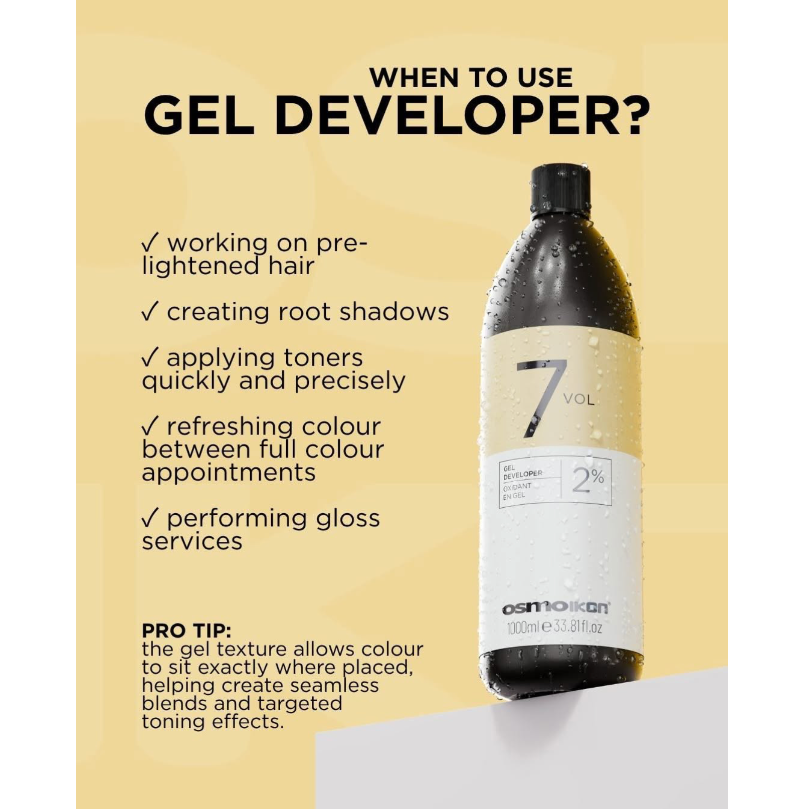 OSMO IKON Gel Developer 7 Vol 2% for pre-lightened hair, root shadows, precise toner application, colour refreshes and professional glossing services.