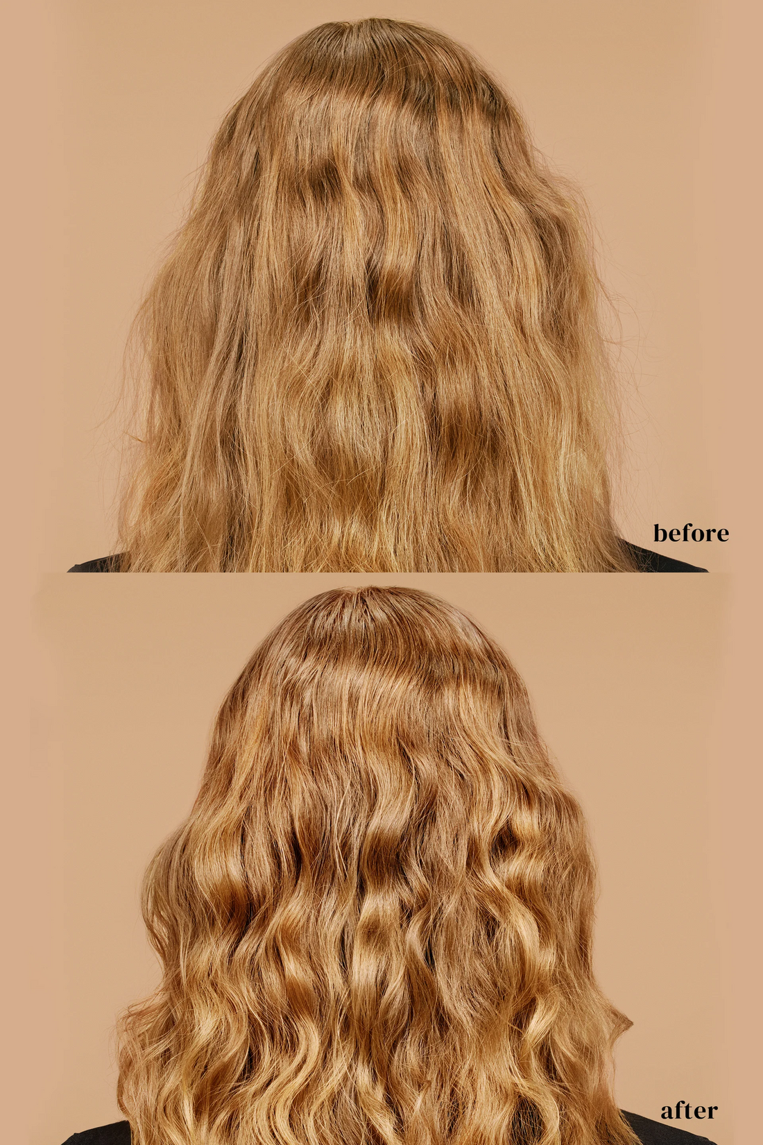 Before and after comparison of wavy hair on a beige background