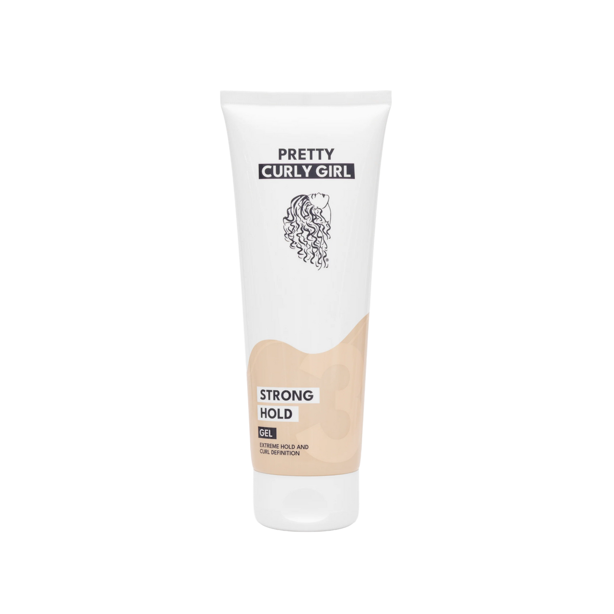 A squeeze tube of Pretty Curly Girl Strong Hold Gel hair definition product, featuring a white tube with a beige lower section and black text, set against a plain white background.