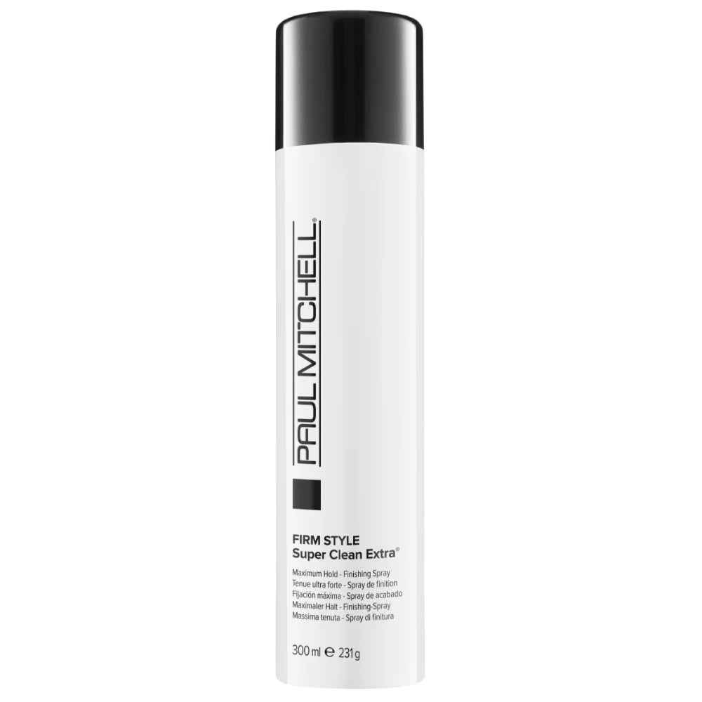 White bottle of Paul Mitchell hair product with black cap on a white background