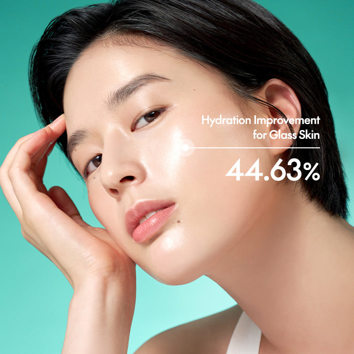 Woman with clear skin on a teal background with hydration improvement text