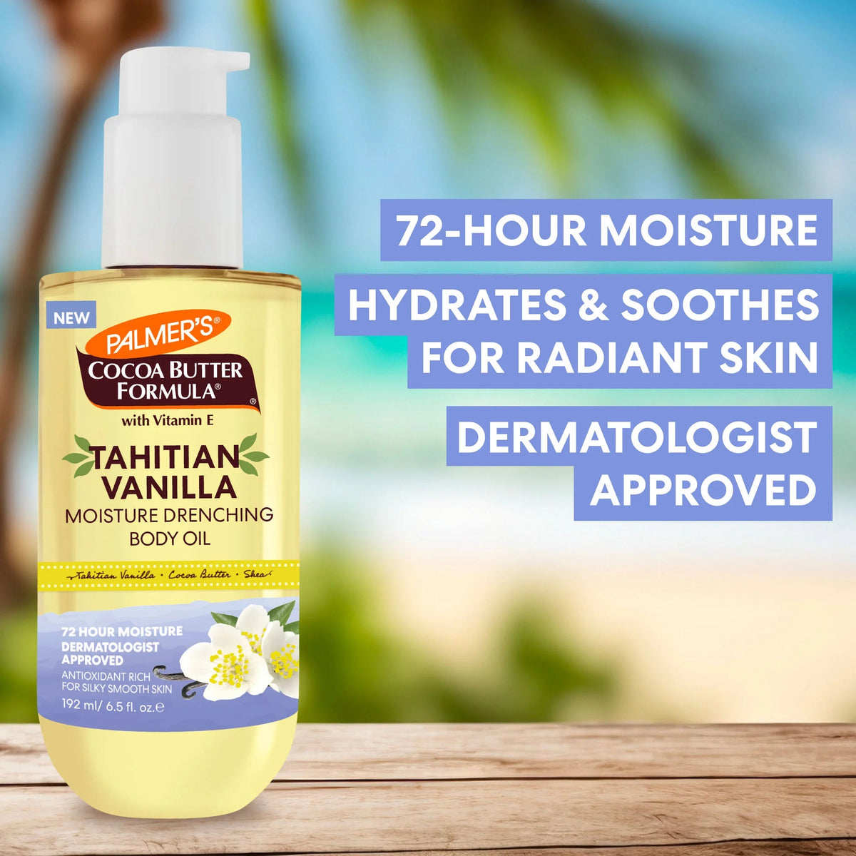 Palmer's Cocoa Butter Formula Tahitian Vanilla body oil bottle with text on a blurred natural background