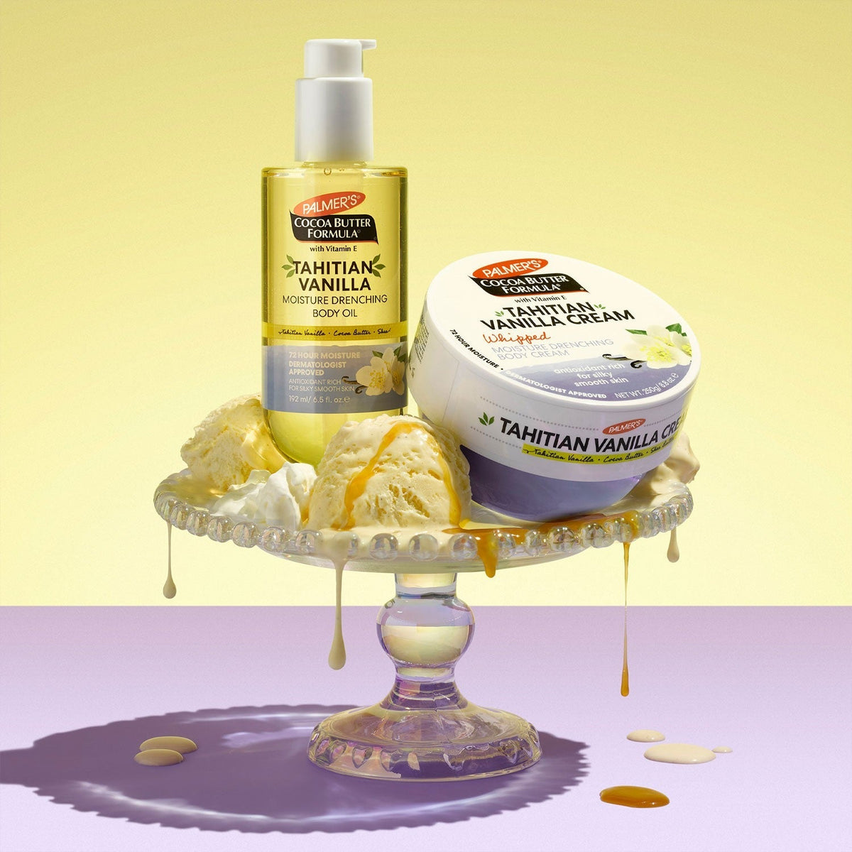 Palmer's Tahitian Vanilla skincare products on a decorative stand with vanilla ice cream.