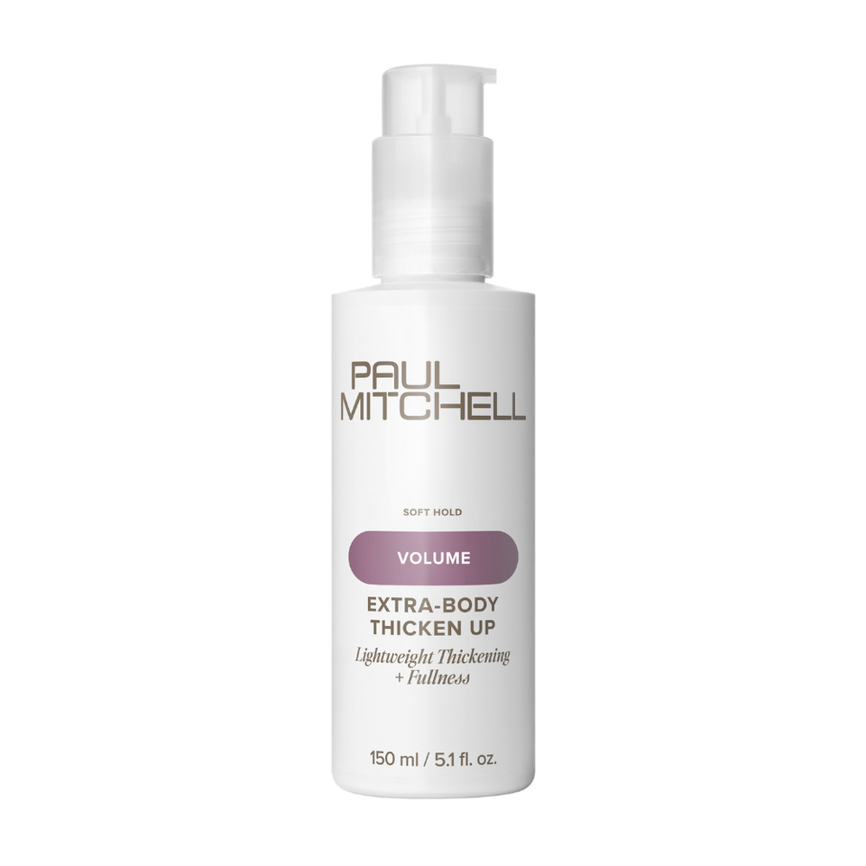 Paul Mitchell Extra-Body Thicken Up 150ml white pump bottle on a clean white background, providing lightweight thickening, fullness and soft hold.