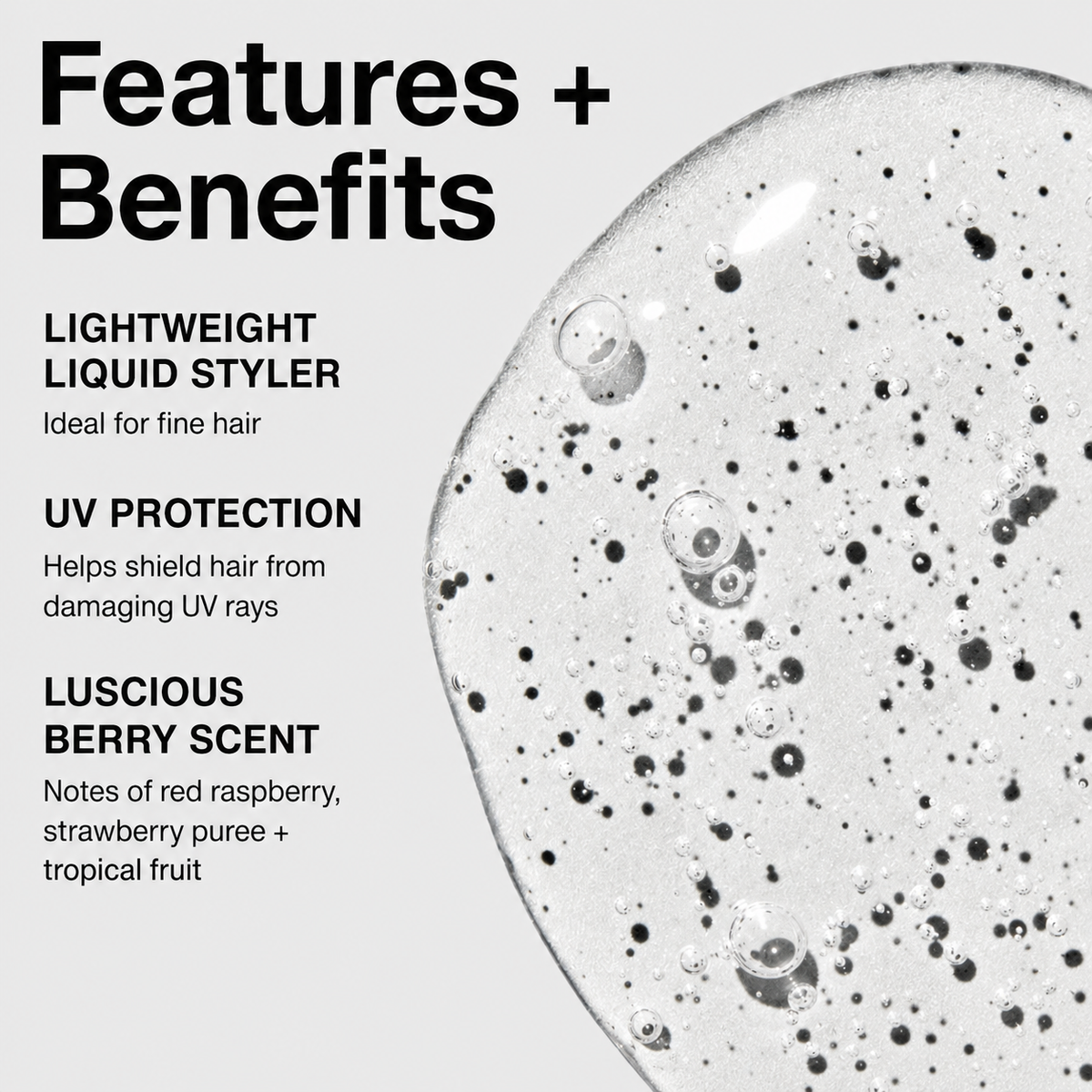 Bubbly Paul Mitchell Extra-Body Thicken Up styling liquid on a light grey background, highlighting lightweight volume, UV protection and a berry-fruit scent.