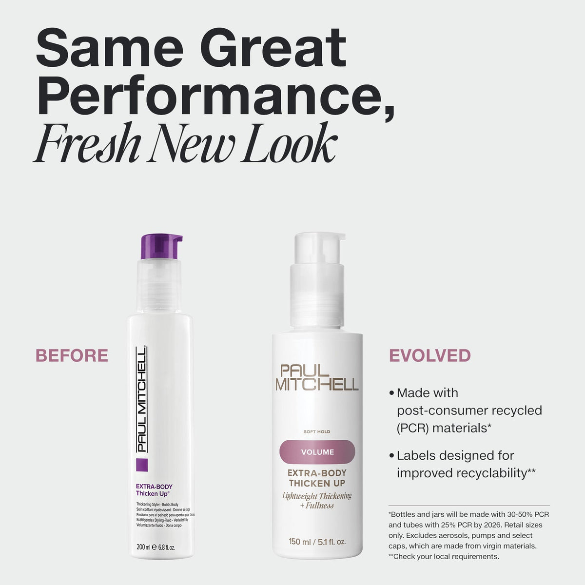 Paul Mitchell Extra-Body Thicken Up old and new white pump bottles on a pale grey background, highlighting refreshed recyclable packaging and volumising performance.