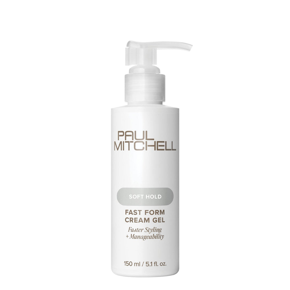 Paul Mitchell Fast Form Cream Gel 150ml white pump bottle on a clean white background, offering soft hold, faster styling and improved manageability.