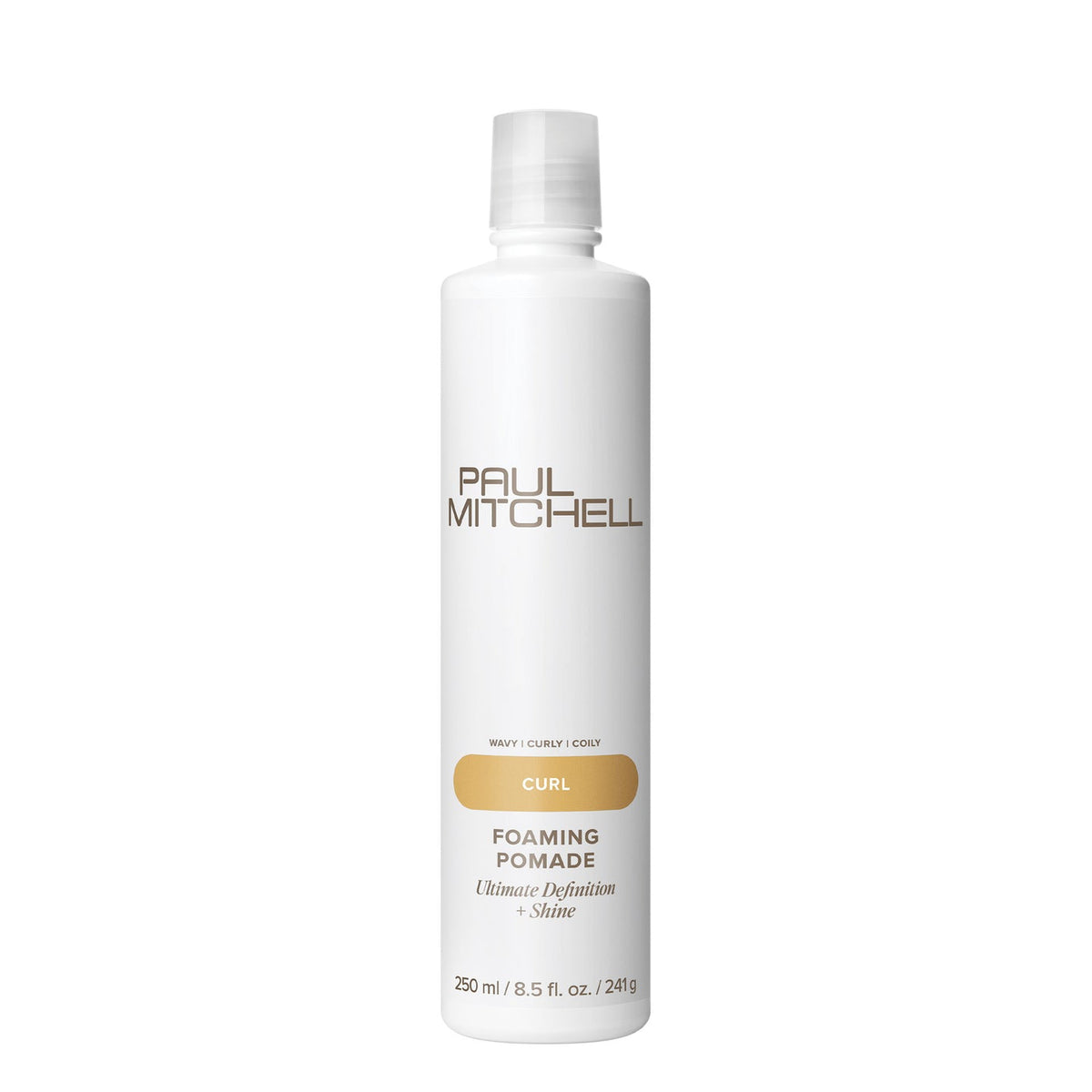 Paul Mitchell Foaming Pomade 250ml white bottle with clear cap on a white background, designed for curl definition, light control and shine.