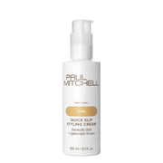 Paul Mitchell Quick Slip Styling Cream 150ml white pump bottle on a clean white background, providing touchable hold and lightweight curl texture.