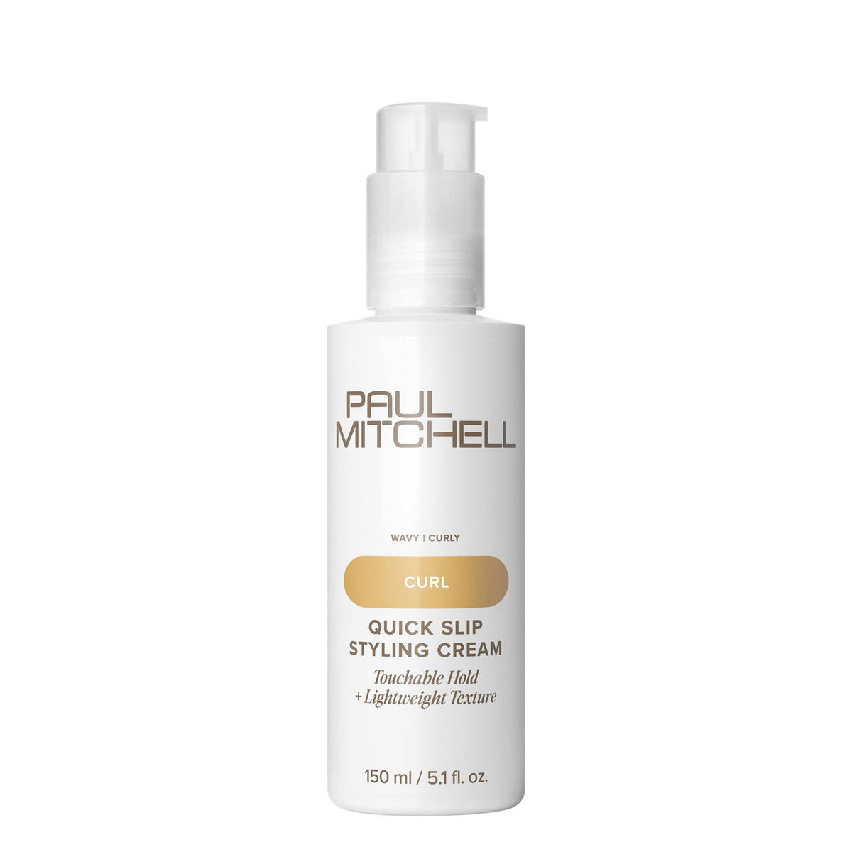 Paul Mitchell Quick Slip Styling Cream 150ml white pump bottle on a clean white background, providing touchable hold and lightweight curl texture.