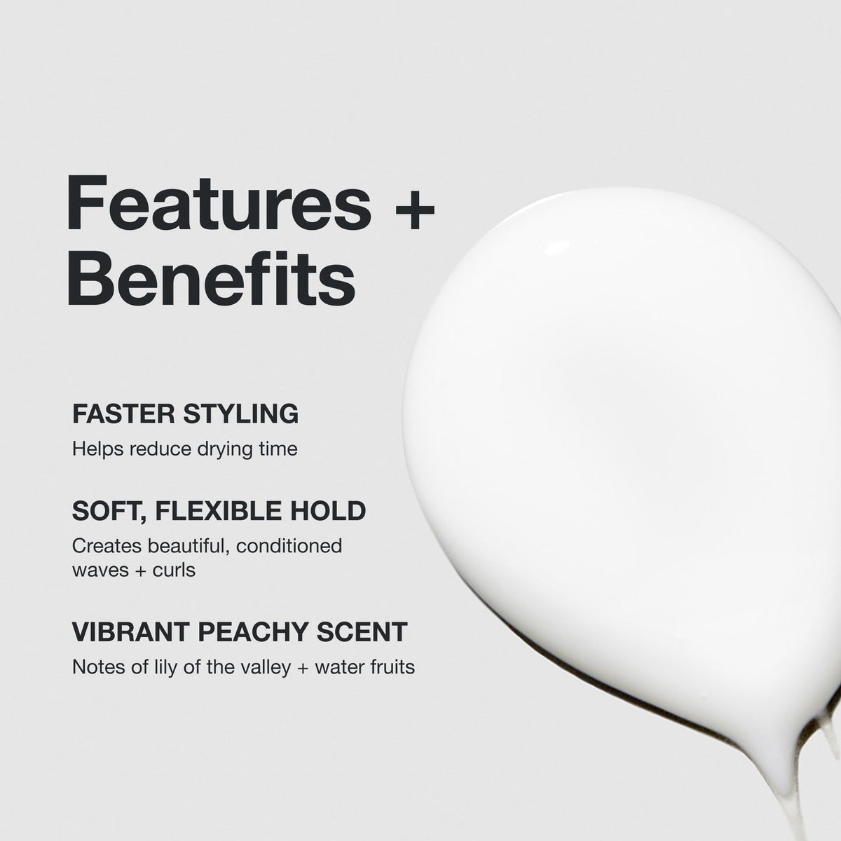 Paul Mitchell Quick Slip Styling Cream benefits graphic with a white cream swatch, highlighting faster drying, flexible hold and conditioned waves and curls.