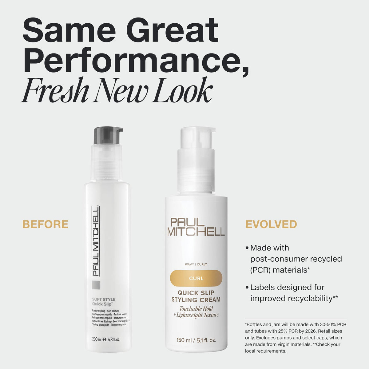 Old and new Paul Mitchell Quick Slip Styling Cream packaging on a pale grey background, featuring an updated recyclable design and the same performance.
