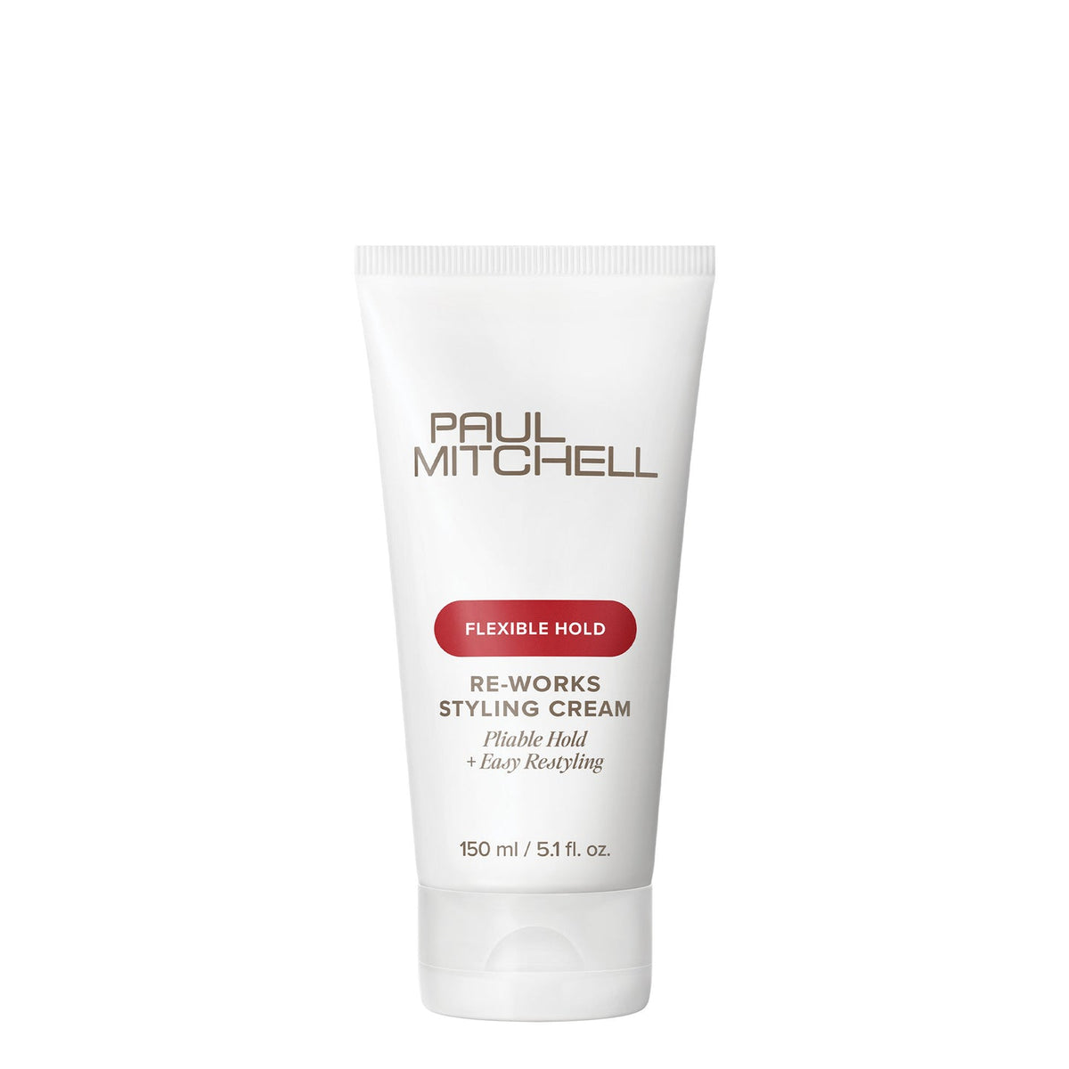 Paul Mitchell Re-Works Styling Cream 150ml white tube on a clean white background, offering flexible, pliable hold and easy restyling.