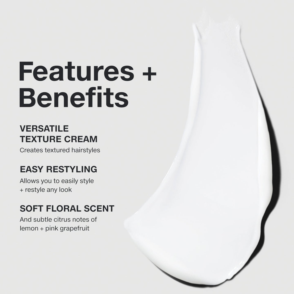 Paul Mitchell Re-Works Styling Cream benefits graphic with cream swatch, featuring versatile texture, easy restyling and a soft citrus-floral scent.