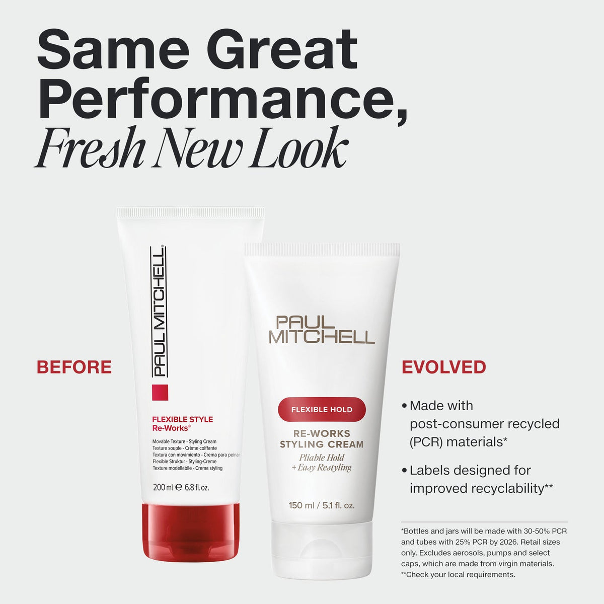 Previous and updated Paul Mitchell Re-Works Styling Cream packaging on grey, highlighting flexible hold and improved recyclability.