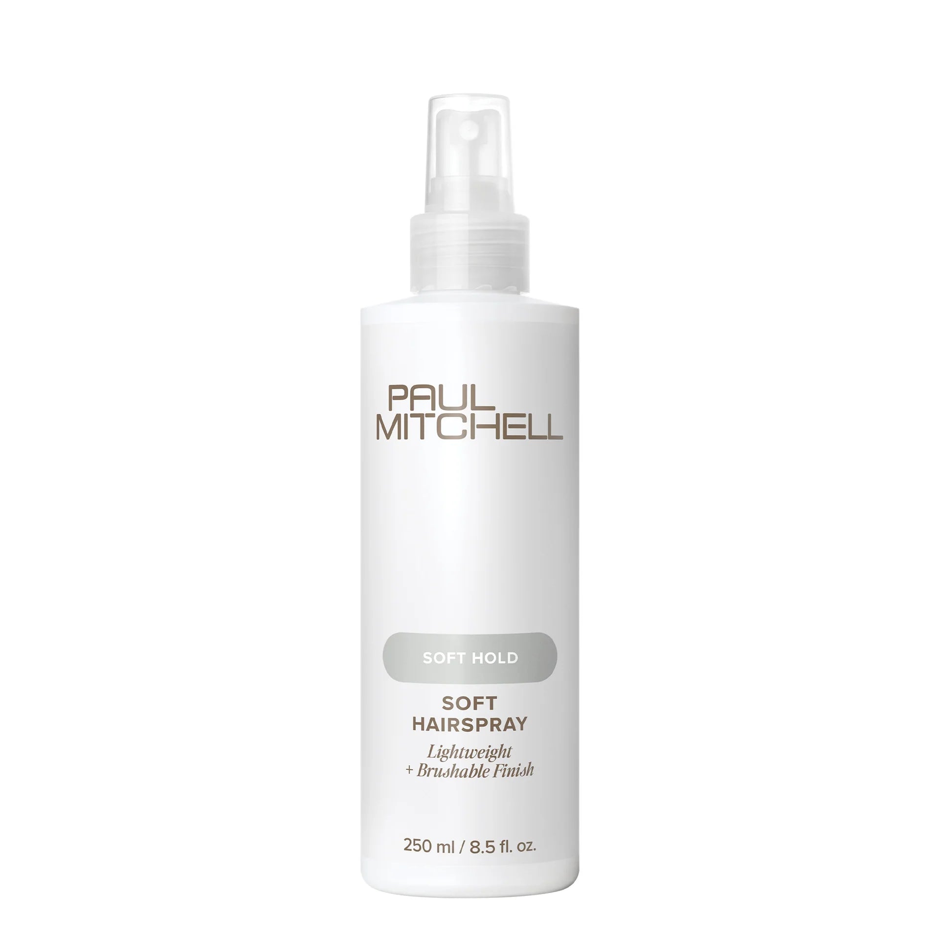 Paul Mitchell Soft Hold Soft Hairspray 250ml white spray bottle on a clean white background, offering lightweight, brushable natural hold.