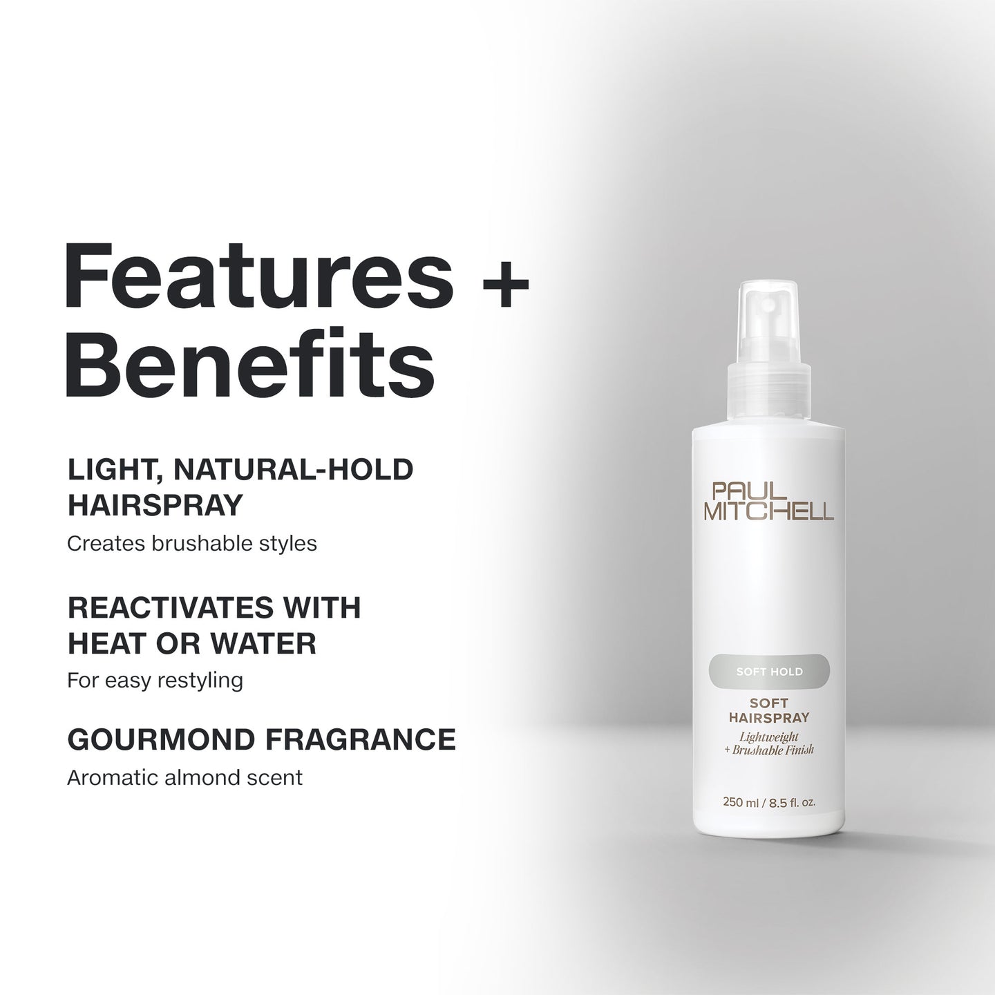 Paul Mitchell Soft Hold Soft Hairspray 250ml on a light grey studio background, highlighting brushable hold, easy restyling and almond fragrance.