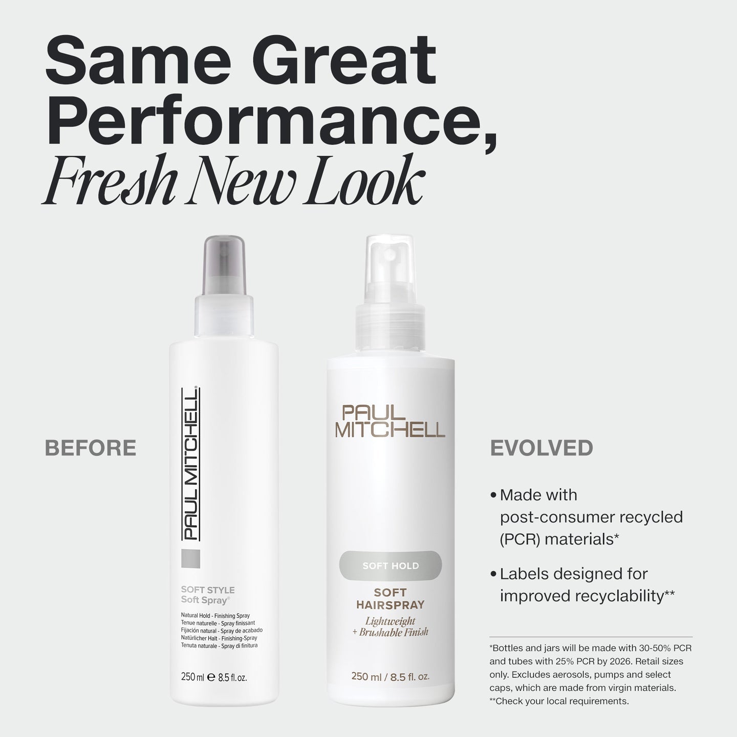 Old and new Paul Mitchell Soft Hold Soft Hairspray 250ml bottles on a pale grey background, showing the updated, more recyclable packaging.