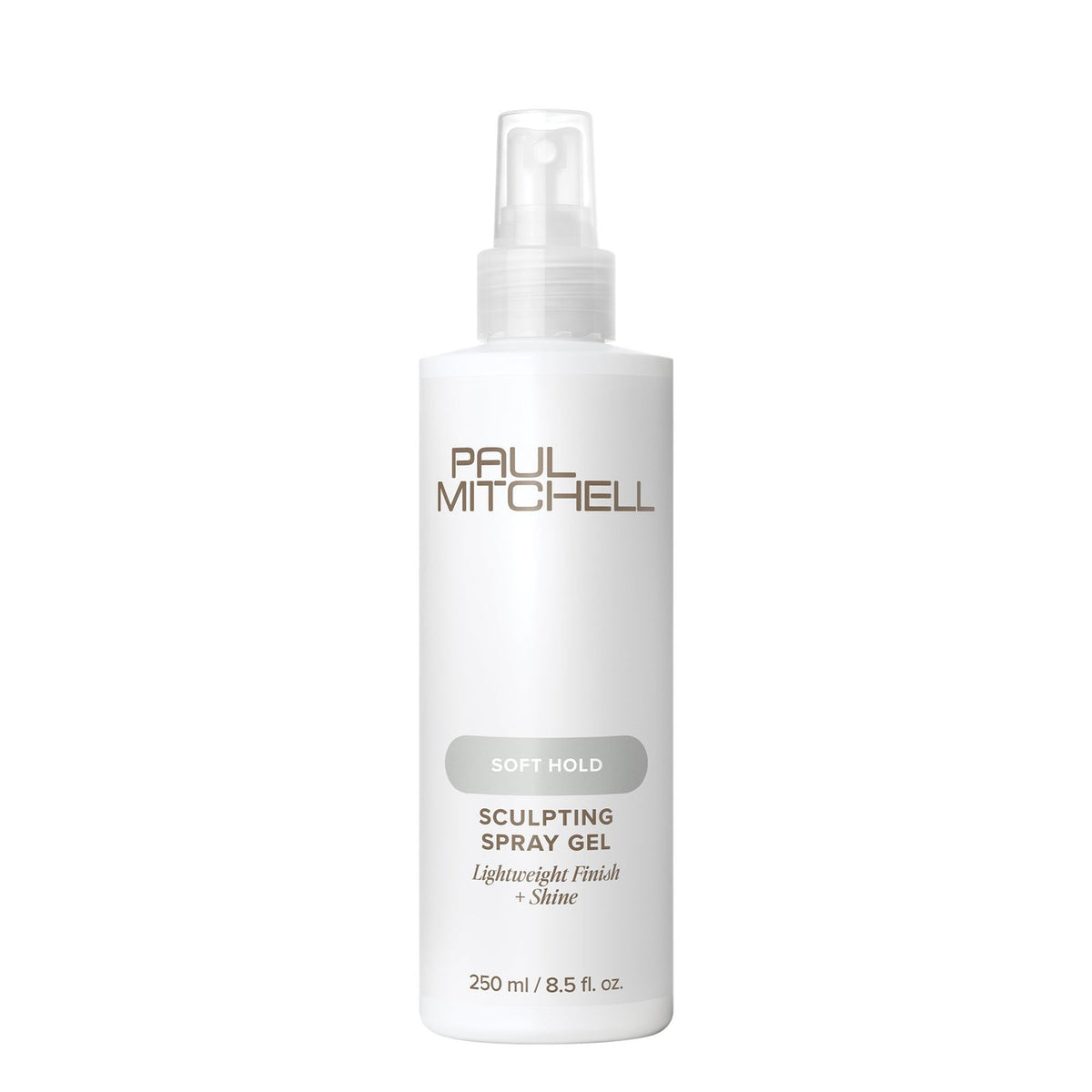 Paul Mitchell Sculpting Spray Gel 250ml white spray bottle on a clean white background, offering soft hold, lightweight body and shine.