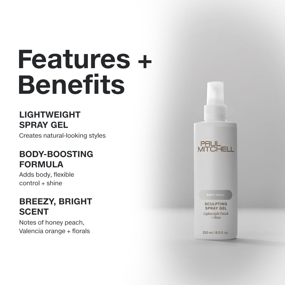 Paul Mitchell Sculpting Spray Gel 250ml on a soft grey background, highlighting natural-looking body, flexible control, shine and a bright scent.
