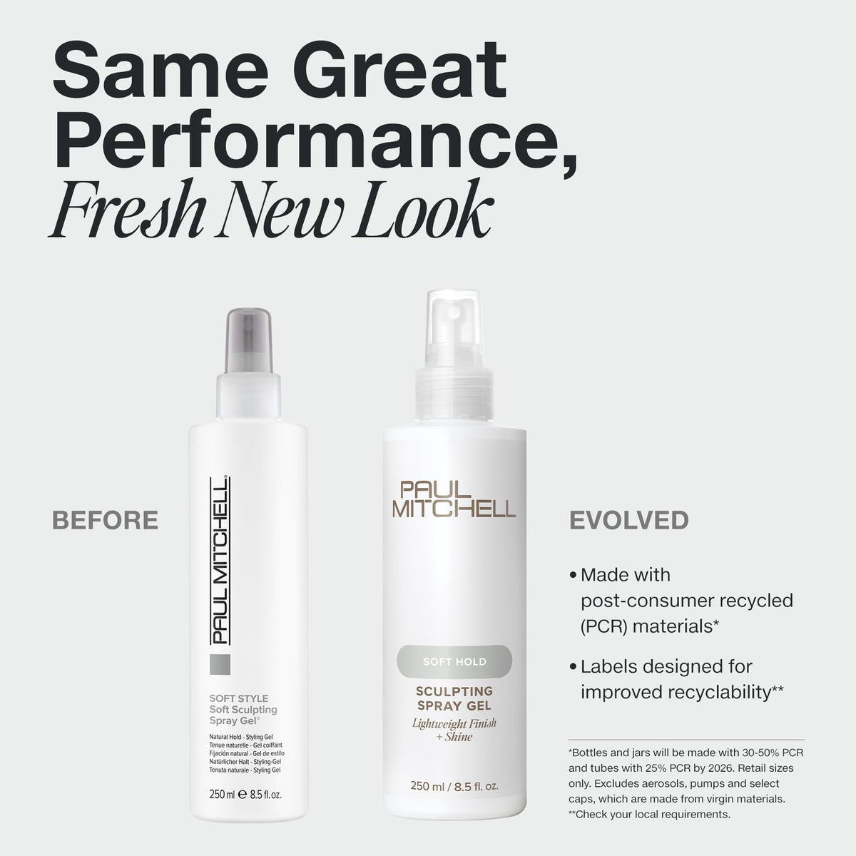 Old and new Paul Mitchell Sculpting Spray Gel packaging on a pale grey background, highlighting improved recyclability and the same performance.