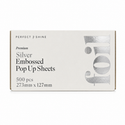Perfect Shine Premium Silver Embossed Pop-Up Foil Sheets 500 Pack measuring 273mm x 127mm, pre-cut professional hair colouring foils with embossed texture for enhanced grip during highlighting, balayage and bleaching.
