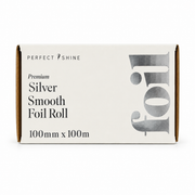 Perfect Shine Premium Silver Smooth Foil Roll 100mm x 100m professional hair colouring foil in dispenser box, designed for highlighting, balayage, bleaching and precision colour application in salons.
