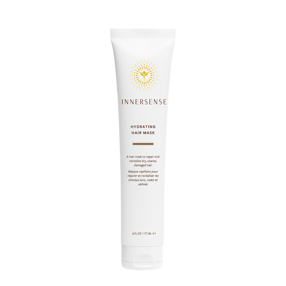 A white tube packaging of Innersense Hydrating Hair Mask with product details.