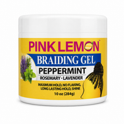 Front view of Pink Lemon Braiding Gel Peppermint Maximum Hold 10oz for long-lasting, flake-free braid control and shine white tub with a yellow label on a white background