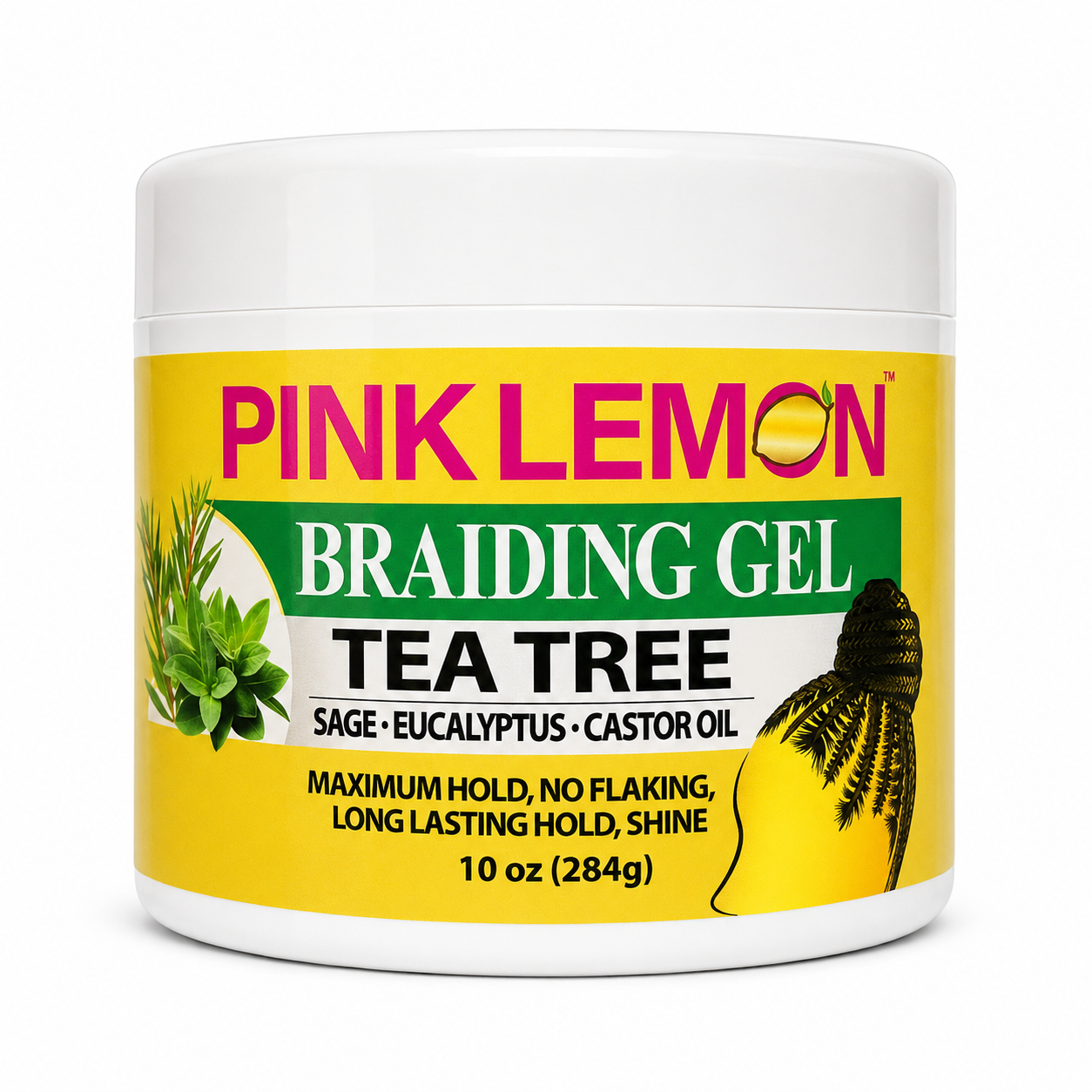 Front view of Pink Lemon Braiding Gel Tea Tree Maximum Hold 10oz for long-lasting, flake-free braid control and shine white tub with a yellow label on a white background