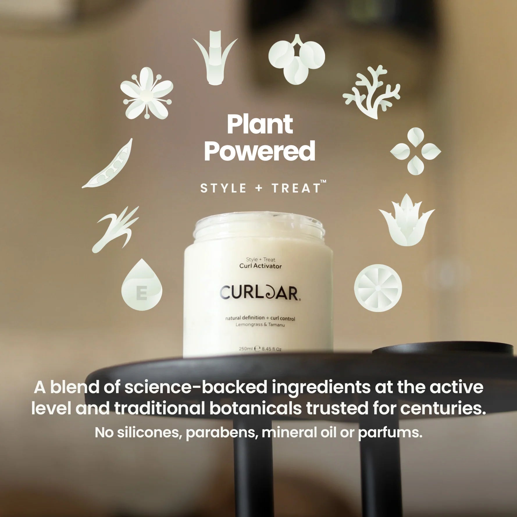 Curl jar with plant icons and text about plant-powered ingredients on a blurred background