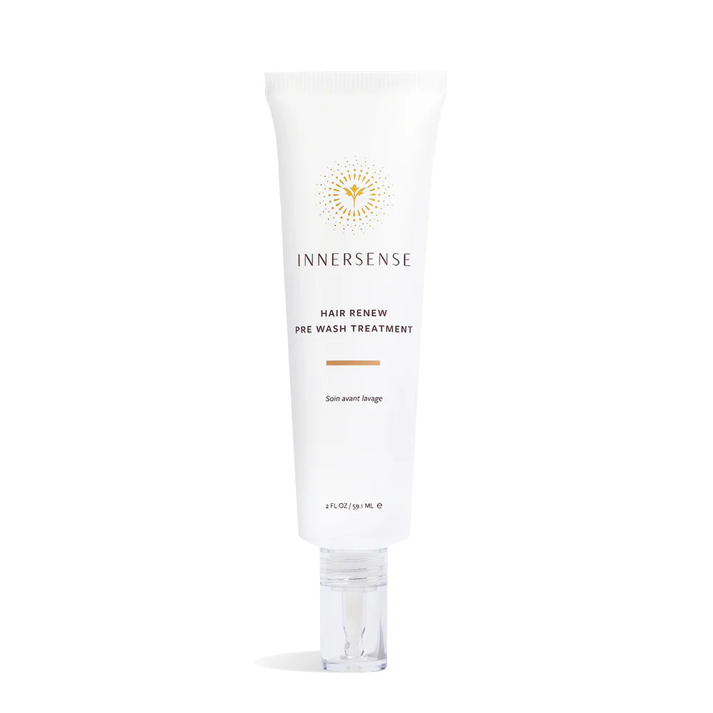 A white squeeze tube of Innersense Hair Renew Pre-Wash Treatment with a clear cap, shown on a clean white background.
