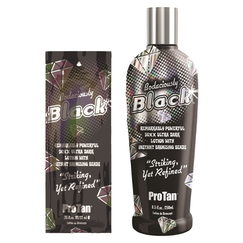 Pro Tan Bodaciously Black 50X Ultra Dark Bronzing Lotion available in 22ml sachet and 250ml bottle at Kiyo Beauty