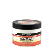A container of Aunt Jackie's Flaxseed Recipes Seal It Up Hydrating Sealing Butter with a predominantly white label featuring red and black text and accents.
