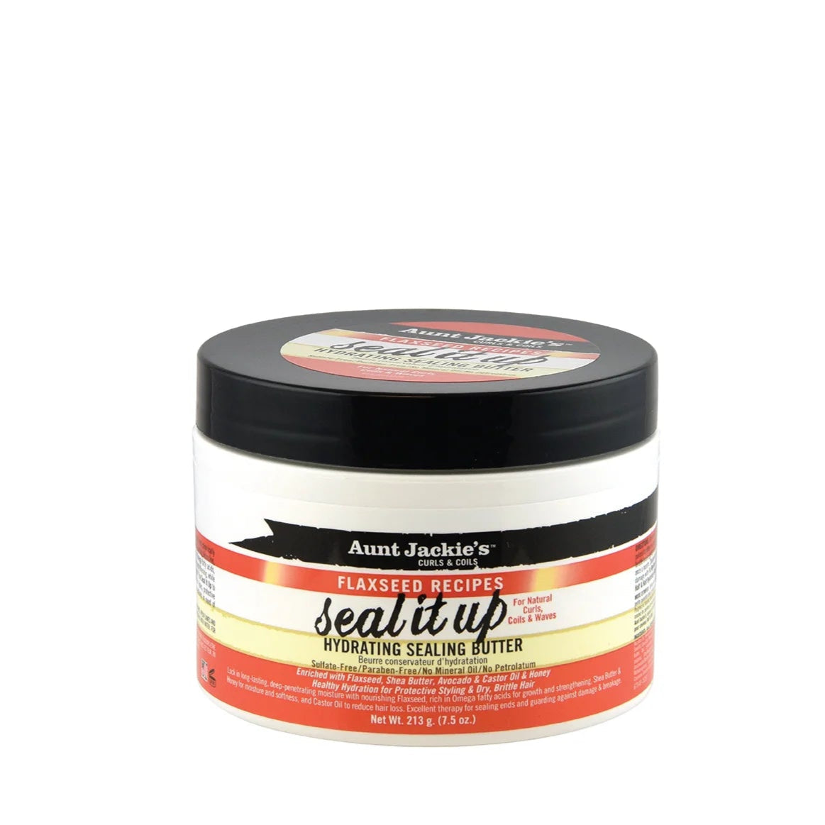 A container of Aunt Jackie's Flaxseed Recipes Seal It Up Hydrating Sealing Butter with a predominantly white label featuring red and black text and accents.