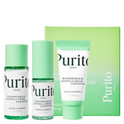 Purito skincare product set including toner, serum, cream, and packaging on a white background