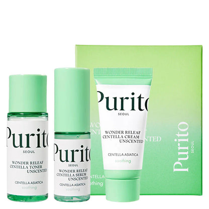 Purito skincare product set including toner, serum, cream, and packaging on a white background