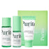 Purito skincare product set including toner, serum, cream, and packaging on a white background