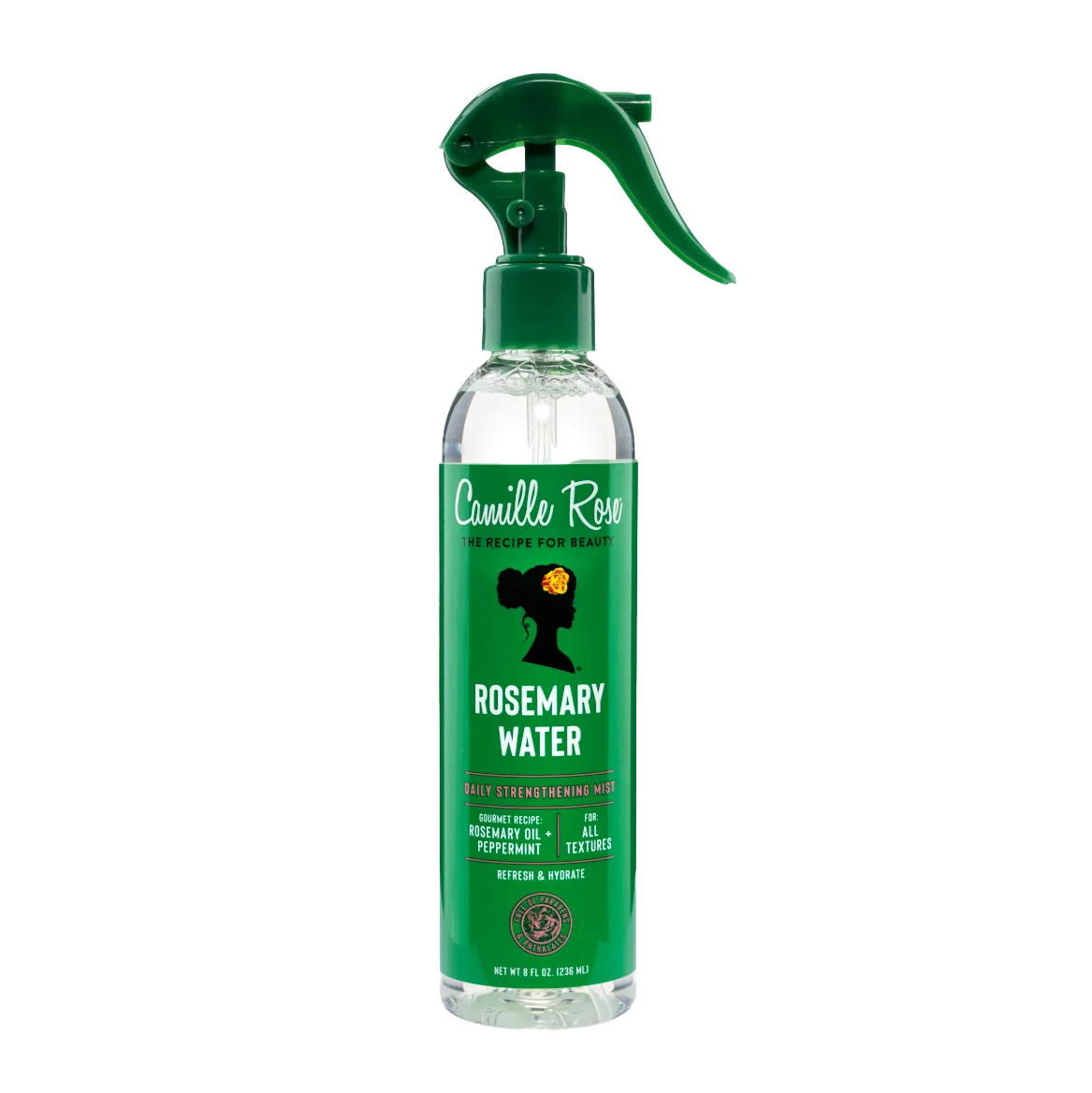 Camille Rose spray bottle labeled 'Rosemary Water' on a white background