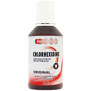 Pure Dent Chlorhexidine Antibacterial Mouthwash Original 500ml in an amber bottle with a tall white cap and red-and-white label, centred on a plain white background; contains 0.2% chlorhexidine digluconate and helps freshen breath.